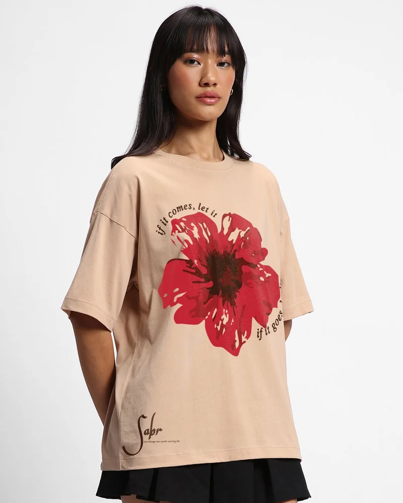 bewakoof Women's Ginger Root Brown Sabrr Graphic Printed Oversized T-shirt